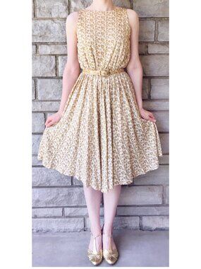 1960s Vintage Twirly Gold and Cream Midi Dance Dress